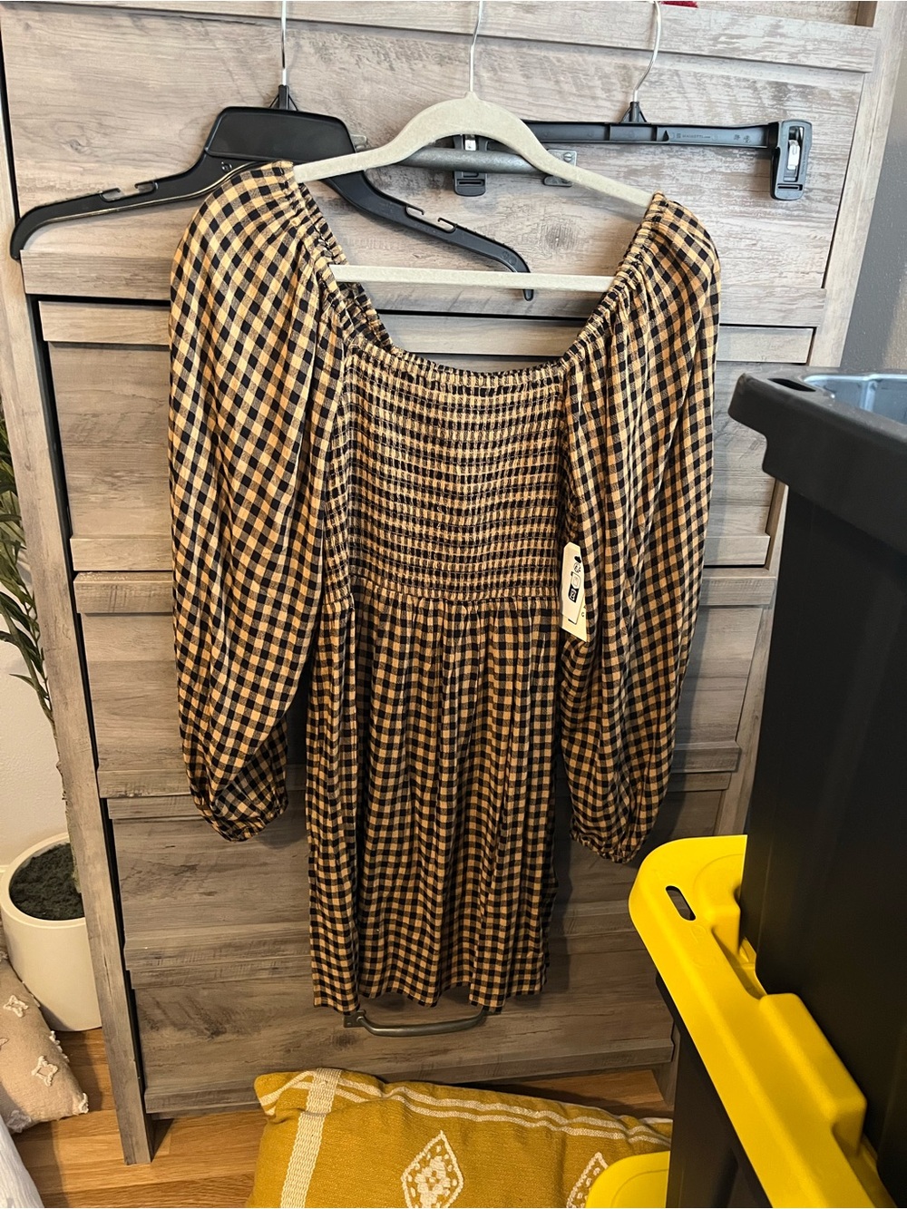 Billabong Black & Tan Gingham Smocked Puff-Sleeve Mini Dress